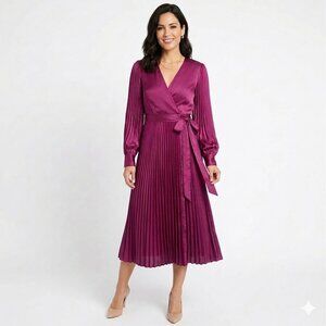 *INTERMIX Magenta Wrap Midi Dress Pleated Skirt Bishop Sleeves Size 0